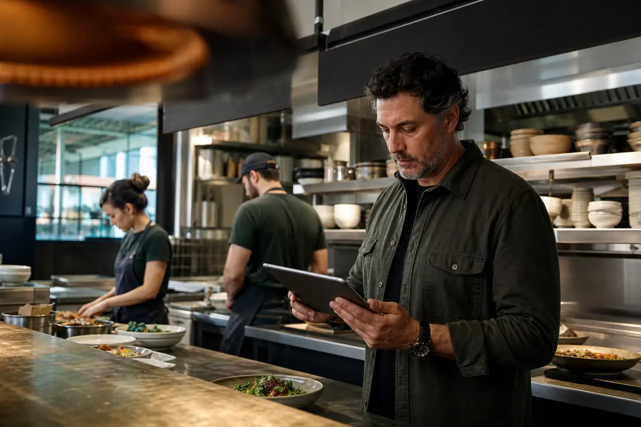 A restaurant owner reviews a tablet during kitchen service.
